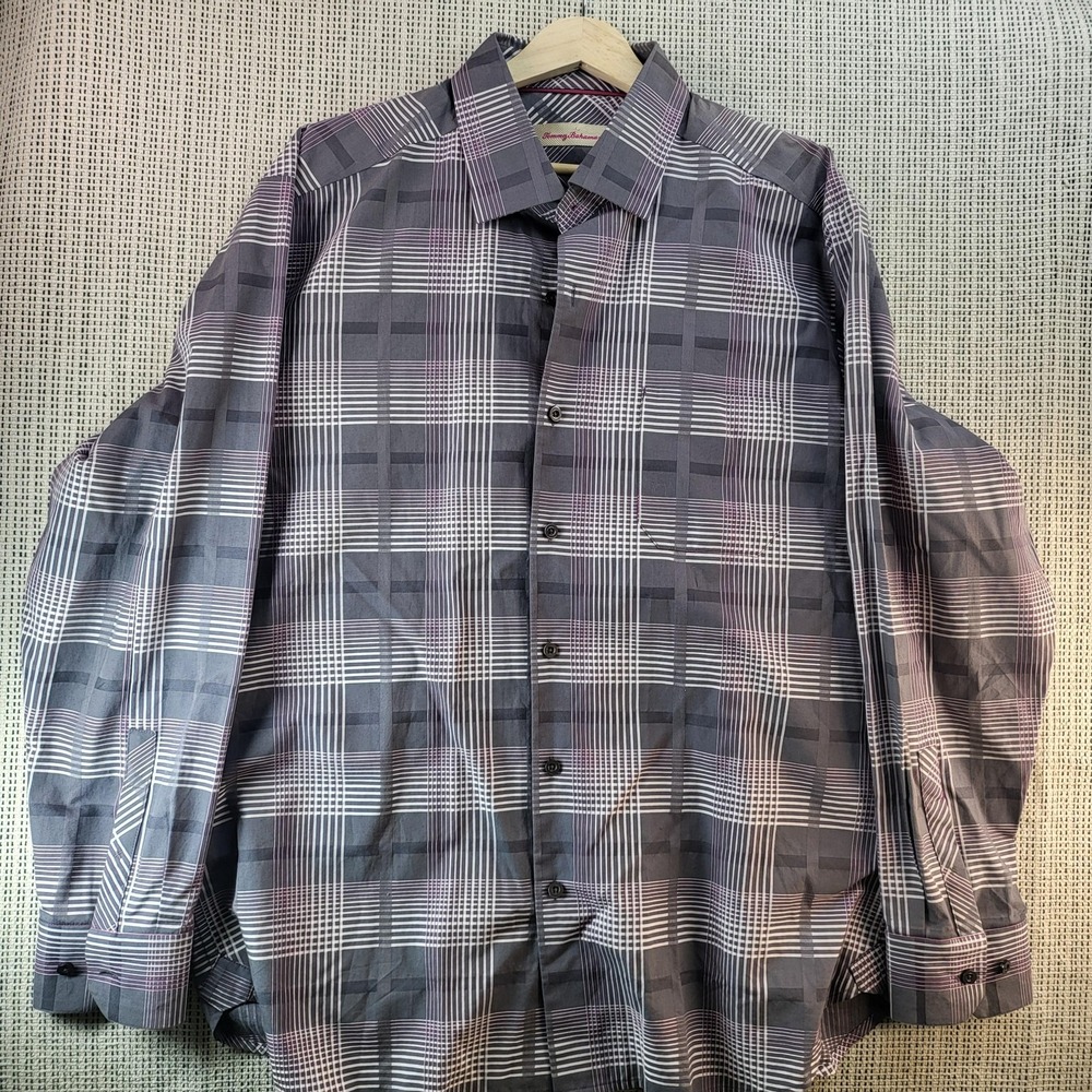 Tommy Bahama Shirt Mens Large Gray Purple Plaid Long Sleeve Silk Blend